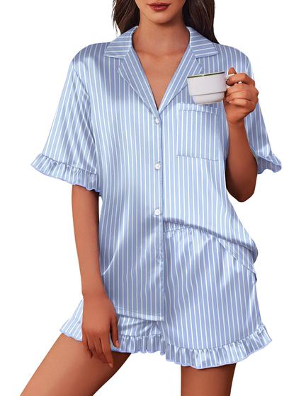 Imagem de Conjunto de pijamas de seda e cetim Ekouaer para mulheres com estampa de 2 peças com botões, pijamas com babados, listras verdes e brancas, XXL