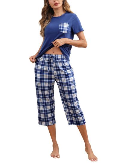 Imagem de Conjunto de pijamas femininos Mchodare Capri de manga curta azul