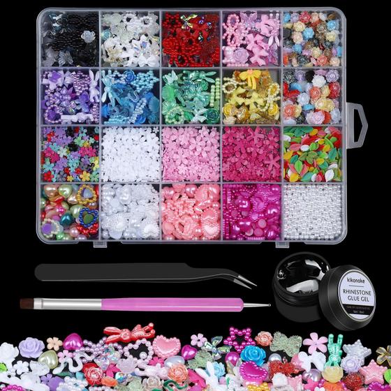 Imagem de Conjunto de Pingentes 3D para Unhas Kikonoke - 8 Cores com Cola, Gel e Ferramentas