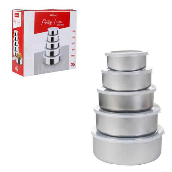 Conjunto De Potes Para Alimentos Inox Com Tampa Jogo 5 Peças Menor preço em Conjunto De Potes Para Alimentos Inox Com Tampa Jogo 5 Peças