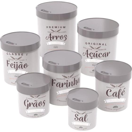 Imagem de Conjunto de Potes Porta Mantimentos Jogo 7 Potes de Plástico Redondo Com Decoração Retro Kit de Potes Porta Temperos Premium Com Tampa Rosca Plasútil