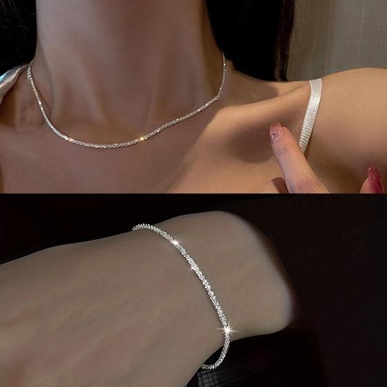 Imagem de Conjunto De Pulseira De Colar De Corrente De Clavícula Banhado A Prata Para Mulheres Joias