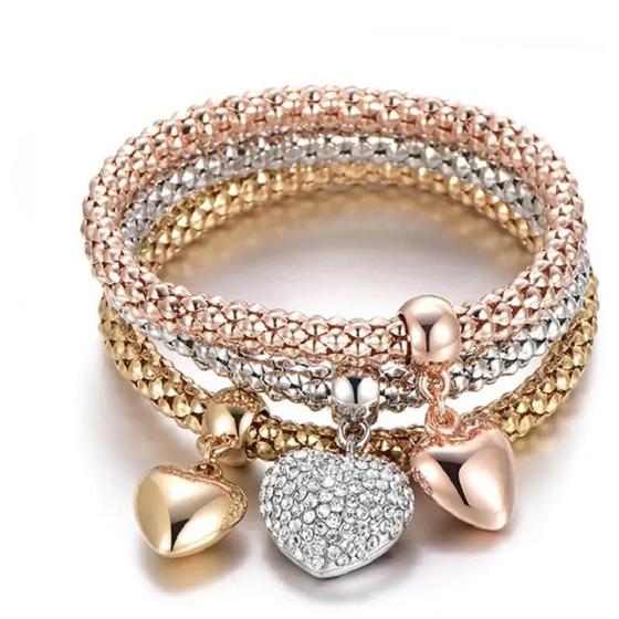 Imagem de Conjunto De Pulseiras Elásticas Femininas De 3 Cores Com Pingente De Coração Joias Da Moda Para