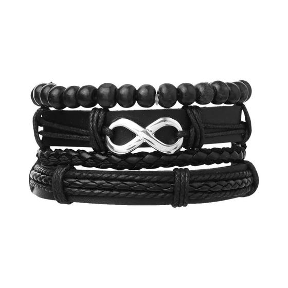 Imagem de Conjunto de Pulseiras Masculinas Trançadas - Couro Vintage com Contas de Madeira