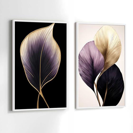 Imagem de Conjunto de Quadros Decorativos com Moldura Floral Roxoe Dourado Folhas Luxo Sala Quarto Kit 2 