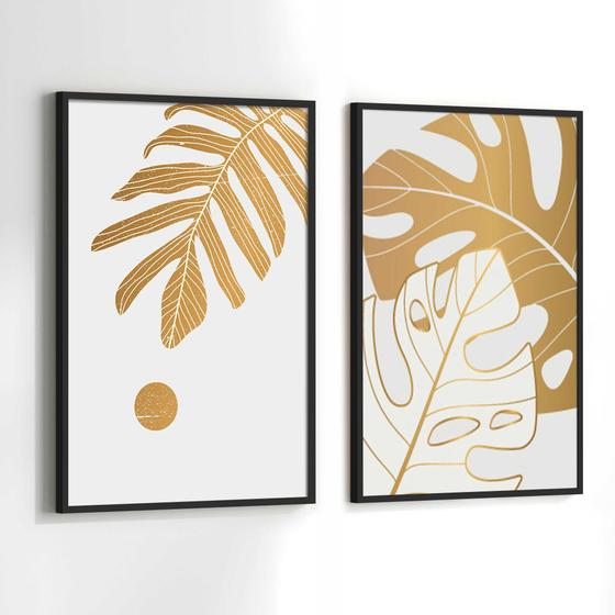 Imagem de Conjunto de Quadros Decorativos com Moldura Folhas Planta Dourada Sala Quarto Kit 2 