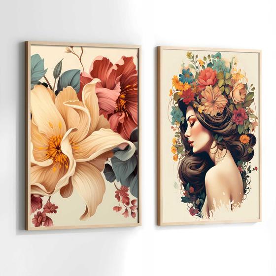 Imagem de Conjunto de Quadros Decorativos com Moldura Mulher Flores na Cabeça Moderno Sala Quarto Kit 2 