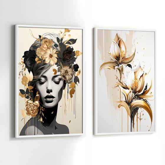 Imagem de Conjunto de Quadros Decorativos com Moldura Mulher Folhas Douradas luxo Abstrato Sala Quarto Kit 2 