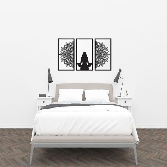 Imagem de Conjunto de Quadros Decorativos Vazados Flor de Lótus Meditação Mandala Mdf Preto