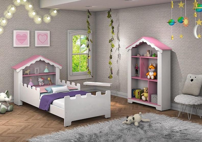 Imagem de Conjunto de quarto Princesa com cama, estante e colchão Branco/Rosa - Vitamov