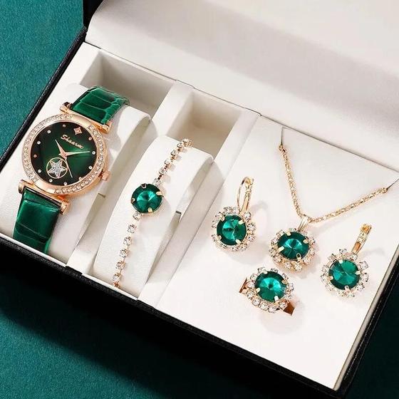 Imagem de Conjunto de Relógio, Anel e Brincos de Quartzo Verde Luxo para Mulheres - Com Strass