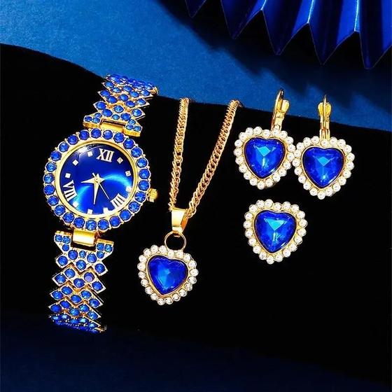 Imagem de Conjunto de Relógio, Colar e Brincos com Strass Azul - Luxo e Moda Casual para Mulheres