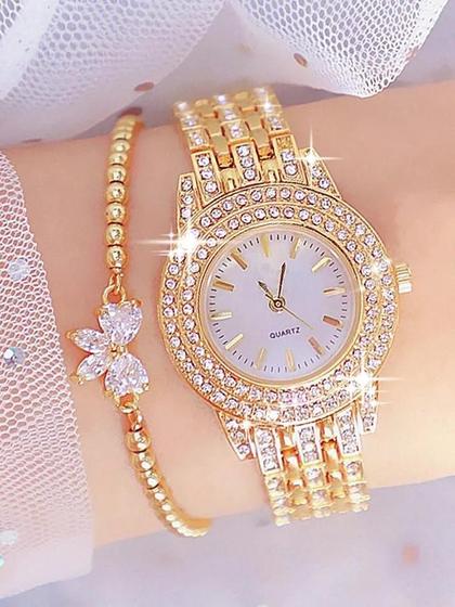 Imagem de Conjunto de Relógio de Quartzo Feminino com Cristais - 2 Peças com Pulseira de Liga