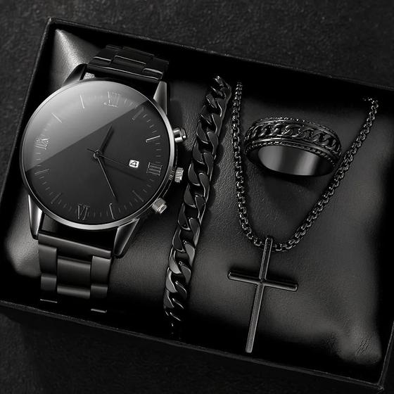Conjunto de Relógio de Quartzo Masculino Preto com Pingente de Cruz, Colar, Anel e Pulseira - 4 Peças Menor preço em Conjunto de Relógio de Quartzo Masculino Preto com Pingente de Cruz, Colar, Anel e Pulseira - 4 Peças