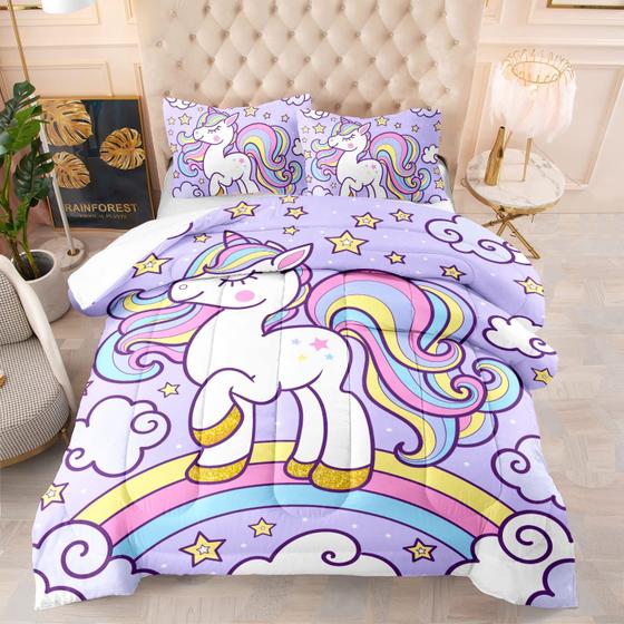 Imagem de Conjunto de roupa de cama Axolotl Rainbow Unicorn Twin com edredão e 2 estojos