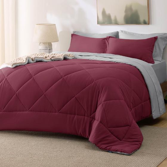 Imagem de Conjunto de roupa de cama Bedsure Queen, edredom, reversível, cor de vinho, 7 unidades