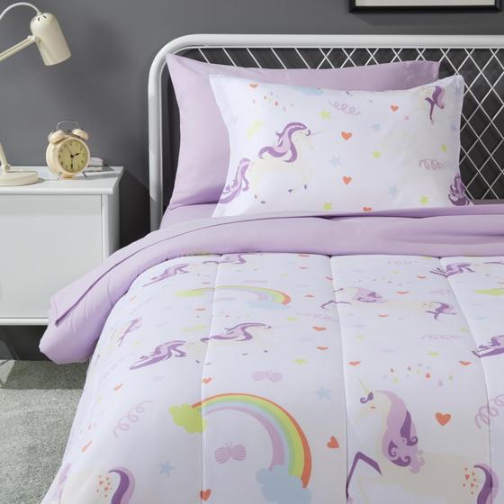 Imagem de Conjunto de Roupa de Cama Infantil Amazon Basics - Microfibra, Tamanho Twin, com Unicórnios