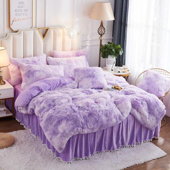 Imagem de Conjunto de Roupa de Cama JAUXIO Luxury - Abstracto Faux Fur Tie Dye Lilás - Tamanho Twin