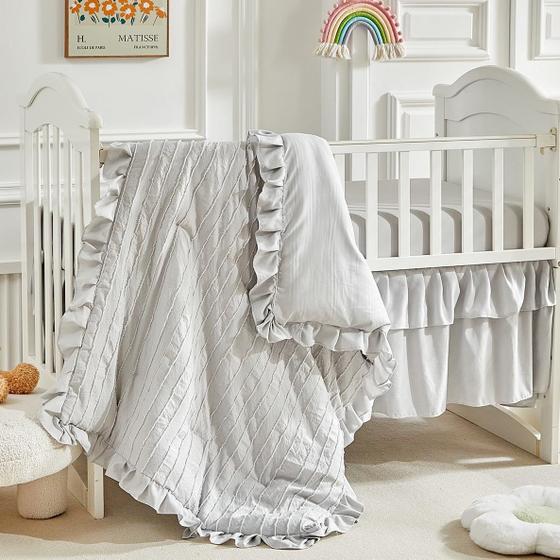 Imagem de Conjunto de Roupa de Cama para Berço Flysheep - Listras Cinza em Tufos