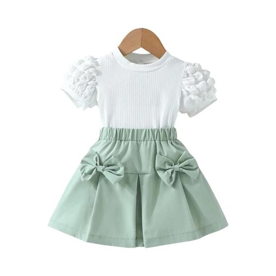 Imagem de Conjunto de Roupa de Verão para Meninas - Blusa com Manga Bufante e Saia Elástica