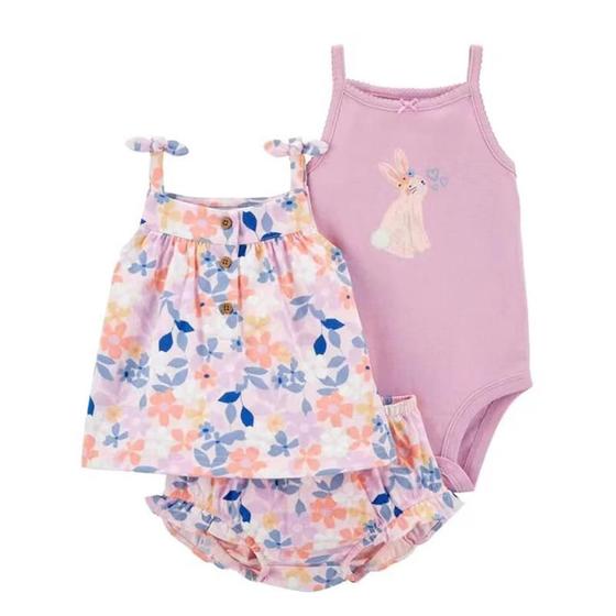 Imagem de Conjunto de Roupa Infantil para Bebês Meninas (3 Peças) - Body, Shorts e Flor - 6 Meses