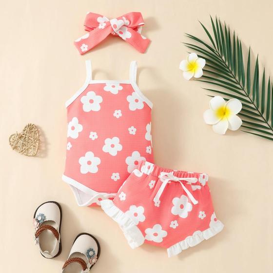 Imagem de Conjunto de Roupa Infantil Verão - Romper e Shorts com Faixa de Cabelo - Estampa Floral