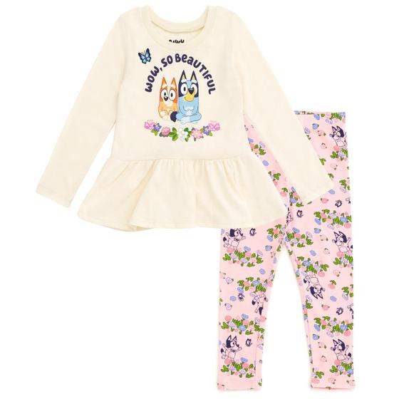 Imagem de Conjunto de Roupas Bluey e Bingo Floral para Bebês - Tamanhos 2T (Branco/Rosa)