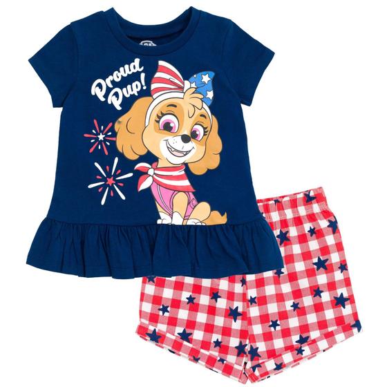 Imagem de Conjunto de roupas Paw Patrol Skye, 4 de julho, camiseta e shorts de sarja