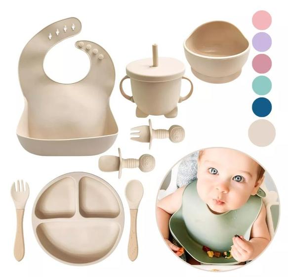 Imagem de Conjunto De Silicone Refeição Introdução Alimentar Bebê Infantil Prato Babador Talheres Copo 8 Peças 