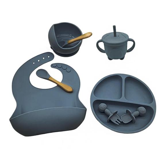 Imagem de Conjunto De Silicone Refeição Introdução Alimentar Bebê Infantil Prato Babador Talheres Copo 8 Peças