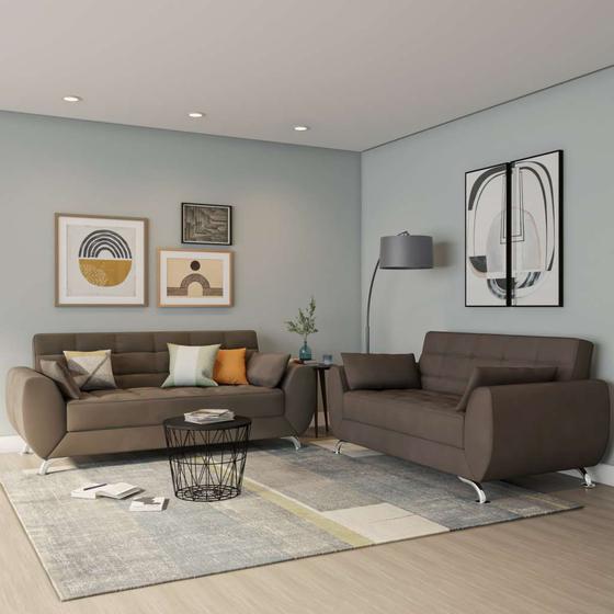 Conjunto de Sofá 2 e 3 Lugares Larissa Suede Castanho Menor preço em Conjunto de Sofá 2 e 3 Lugares Larissa Suede Castanho