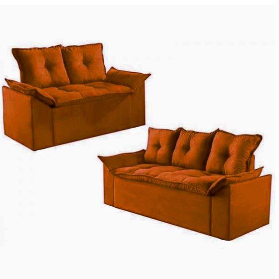 Conjunto de Sofá 2 e 3 lugares Veneza com pillow - Tecido Veludo Telha Menor preço em Conjunto de Sofá 2 e 3 lugares Veneza com pillow - Tecido Veludo Telha