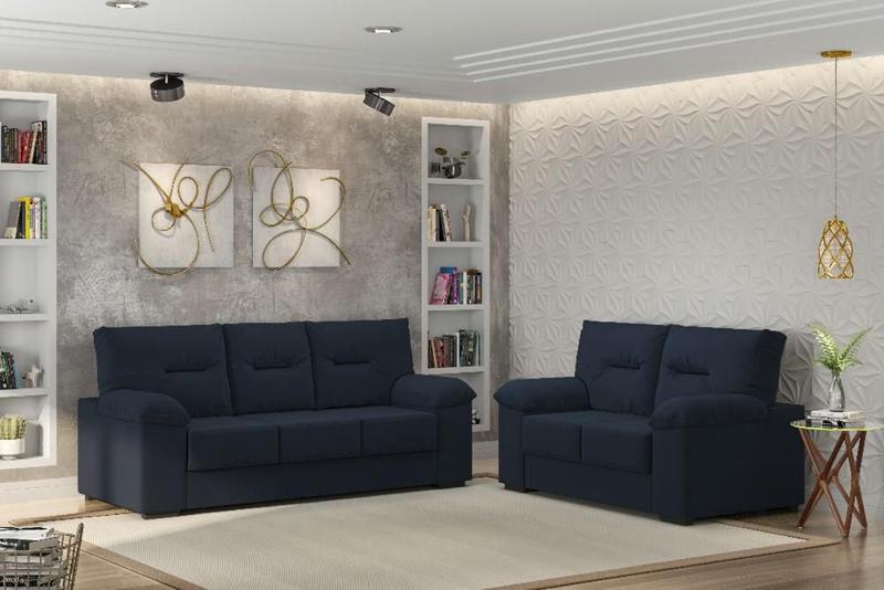 Imagem de Conjunto de Sofá 3 e 2 Lugares Chicago Espuma Soft Tecido Suede Azul Marinho