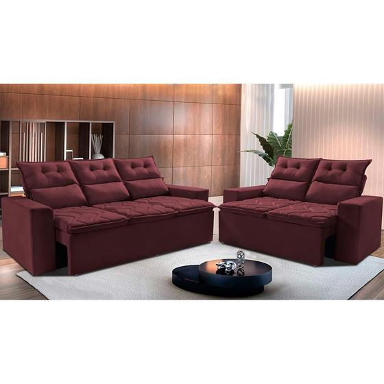 Imagem de Conjunto de Sofá 3 e 2 Lugares Retrátil e Reclinável 2,00x1,50m Cama inBox Smal Suede Vinho