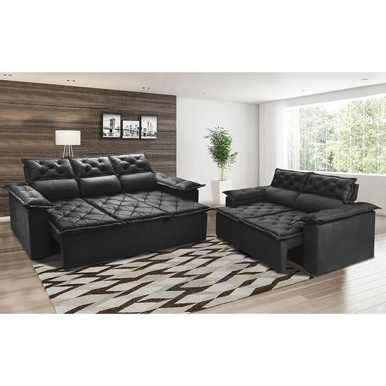 Imagem de Conjunto de Sofá 3 e 2 Lugares Retrátil e Reclinável Cama inBox Compact 2,00x1,50m Velusoft Preto