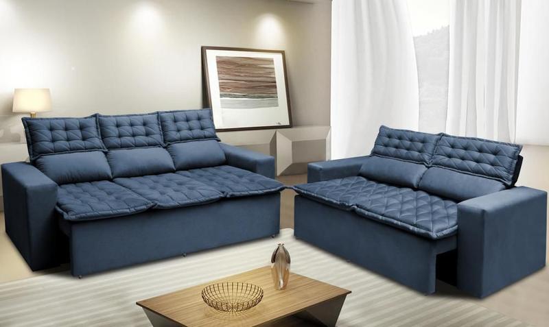 Imagem de Conjunto de Sofá 3 e 2 Lugares Retrátil e Reclinável Cama inBox Slim 2,00x1,50m Velusoft Azul