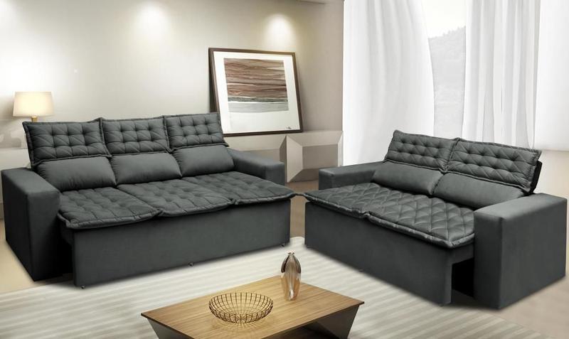 Imagem de Conjunto de Sofá 3 e 2 Lugares Retrátil e Reclinável Cama inBox Slim 2,00x1,50m Velusoft Cinza