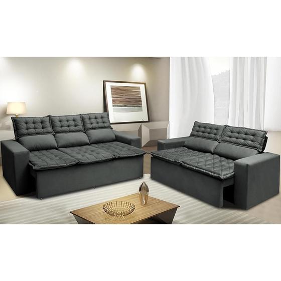 Conjunto de Sofá 3 e 2 Lugares Retrátil e Reclinável Cama inBox Slim 2,00x1,50m Velusoft Cinza Menor preço em Conjunto de Sofá 3 e 2 Lugares Retrátil e Reclinável Cama inBox Slim 2,00x1,50m Velusoft Cinza