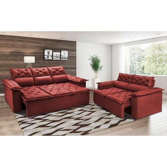 Imagem de Conjunto de Sofá 3 e 2 Lugares Retrátil Reclinável Cama inBox Compact 2,00x1,50m Velusoft Vermelho