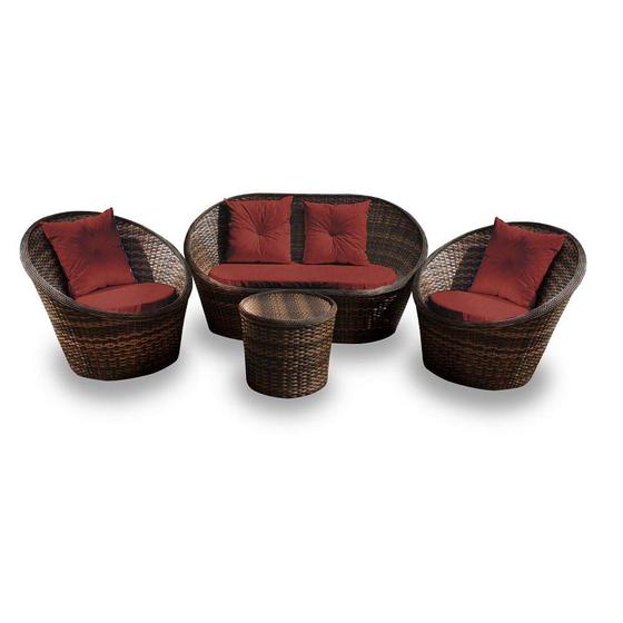 Imagem de Conjunto de Sofá Fibra Sintética Bola - 1 Sofá 2 L + 2 Poltronas + 1 Mesa Centro - Tecido Duna Vermelho