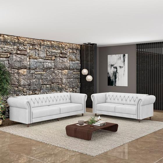 Imagem de Conjunto de Sofá Sala de Estar Stanford Chesterfield 2 e 3 Lugares 180cm/240cm Pés Madeira Couro Branco G58 - Gran Belo