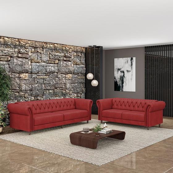 Imagem de Conjunto de Sofá Sala de Estar Stanford Chesterfield 2 e 3 Lugares 200cm/240cm Pés Madeira Couro Vermelho G58 - Gran Belo