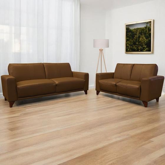 Imagem de Conjunto de Sofás Decorativos 2 e 3 Lugares Emily Sala de Estar Pés em Eucalipto Couro Caramelo Brilho G40 - Gran Belo