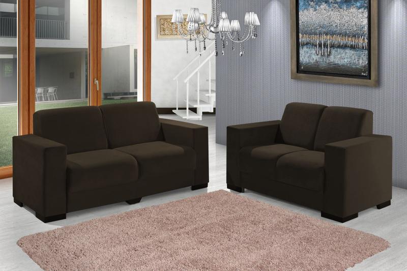 Imagem de Conjunto de Sofas Viena Marrom, 3 e 2 lugares, Tecido Veludo e Espuma 8 cm embutida 1.98m e 1.42m