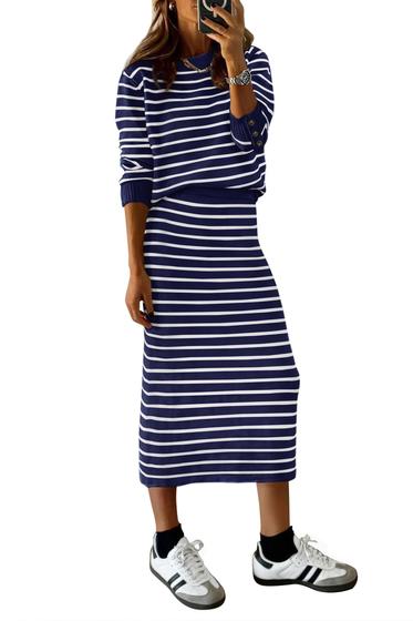 Imagem de Conjunto de Suéter e Saia Midi Listrada PRETTYGARDEN - Azul