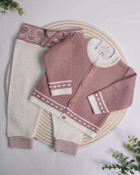 Imagem de Conjunto de trico antialérgico tijolinho calça + cardigã rose/off