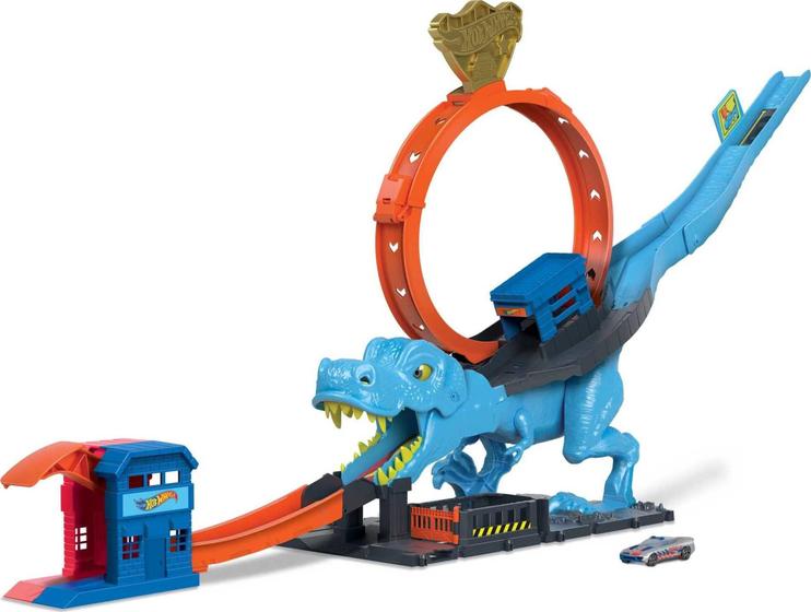 Imagem de Conjunto de trilhos para carros de brinquedo Hot Wheels City T-Rex Chomp com veículo