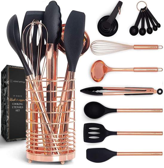 Imagem de Conjunto de utensílios de cozinha, configurações estilizadas, preto e cobre, 17 unidades