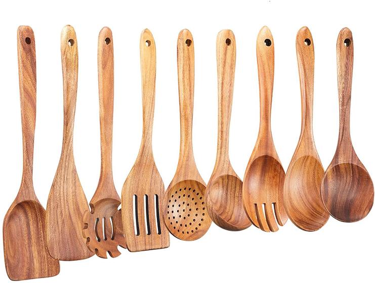 Imagem de Conjunto de utensílios de cozinha de madeira, GUDAMAYE 9 colheres de madeira PCE para cozinhar, utensílios de cozinha de madeira, colheres de madeira natural de teca para panela antiaderente