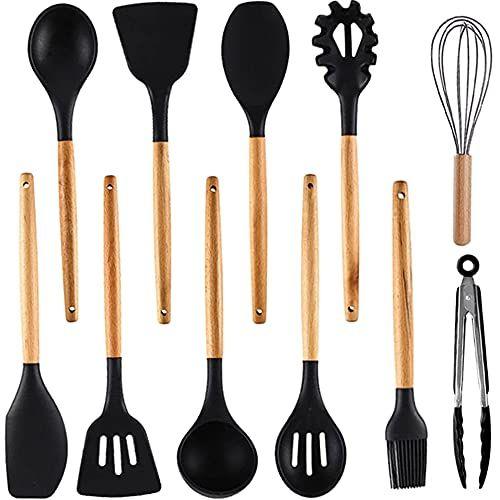 Imagem de Conjunto de utensílios de cozinha de silicone, 11 pcs Utensílios de cozinha de silicone Conjunto de utensílios de cozinha, antiaderente e 230  C resistente ao calor utensílios de cozinha de silicone com cabo de madeira (preto)